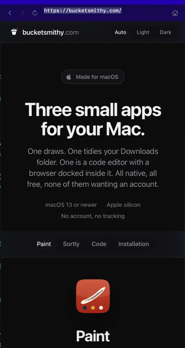 The browser panel inside Aergonomic Code, with bucketsmithy.com loaded in it: back, forward and reload buttons, an address bar showing https://bucketsmithy.com/, and the rendered page below.