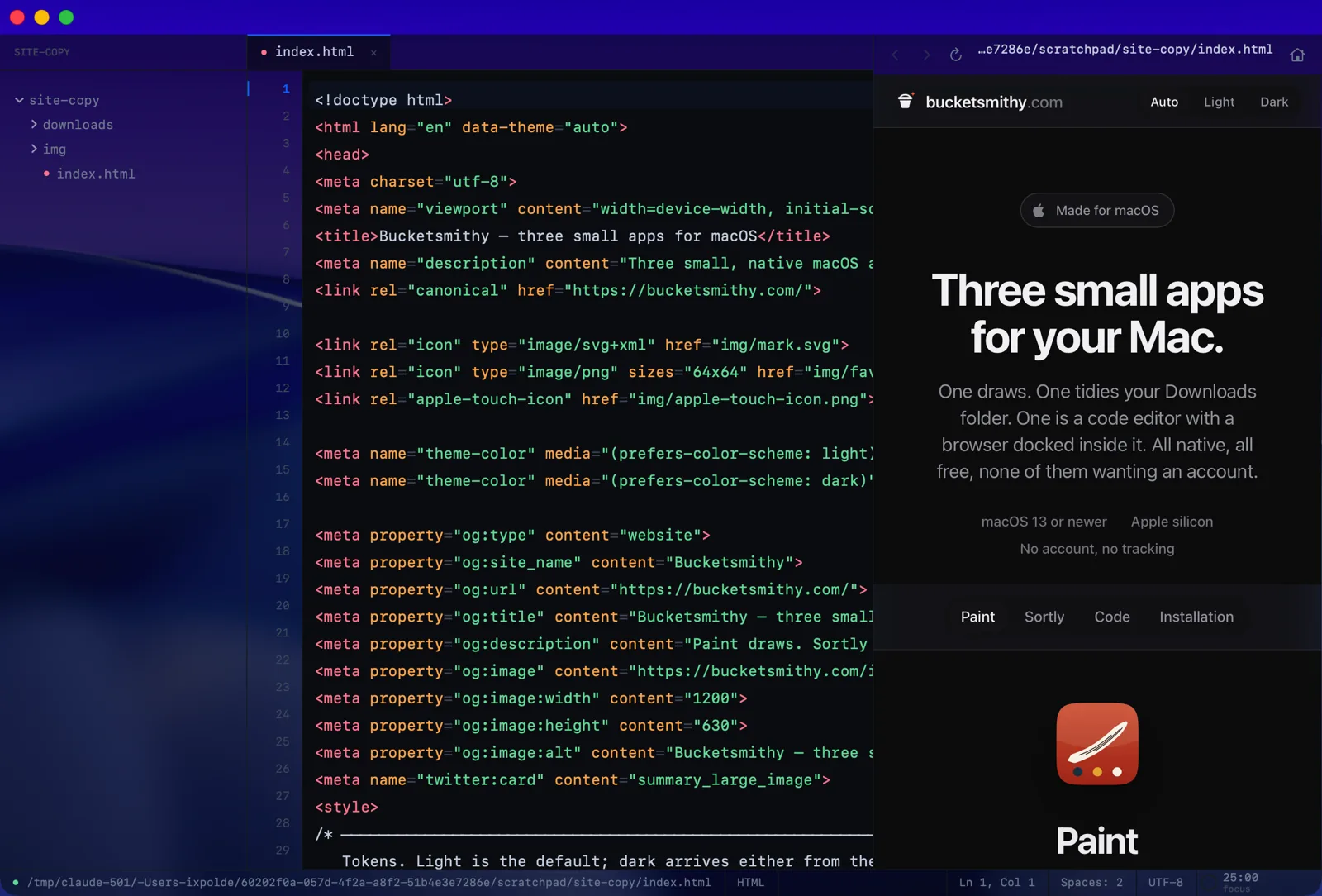Aergonomic Code: a file tree on the left, an HTML file open with syntax highlighting in the middle, and the built-in browser on the right showing a live preview of that page.
