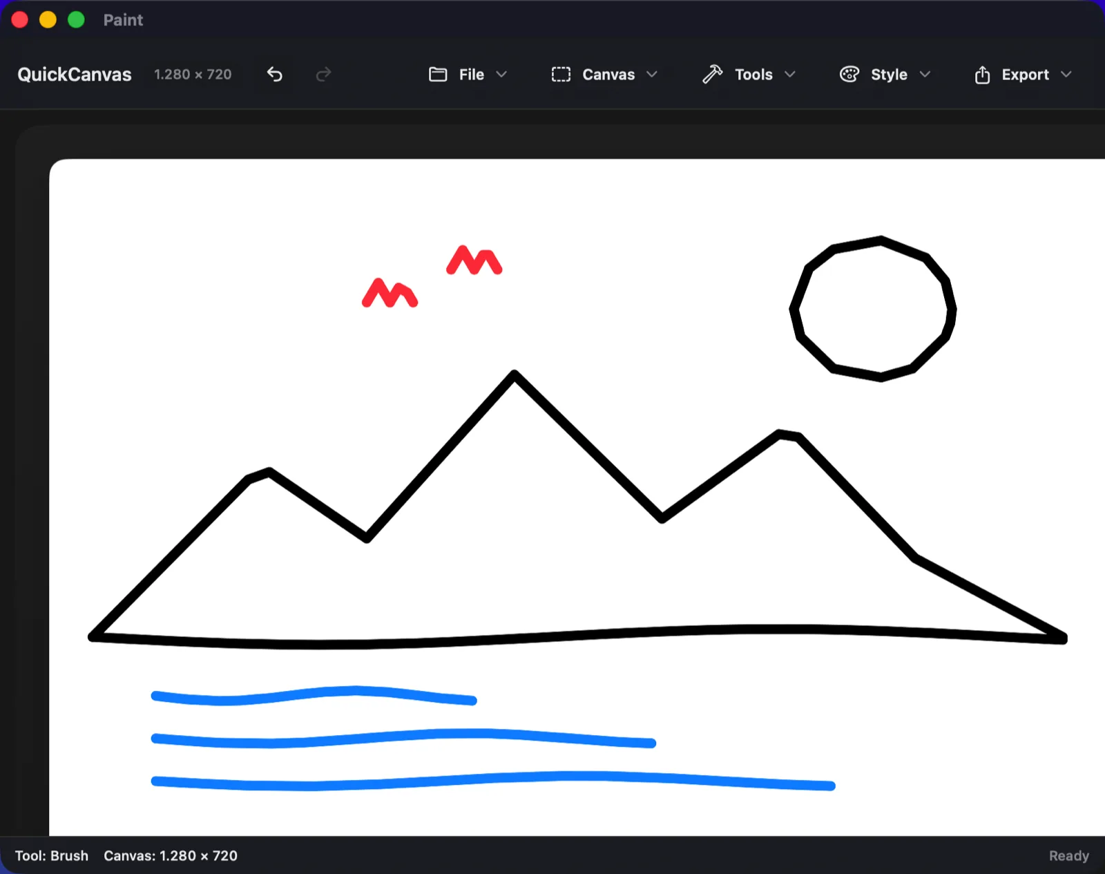The Paint window: a toolbar with File, Canvas, Tools, Style and Export menus above a white canvas holding a drawing of mountains, a sun, blue waves and two red birds.